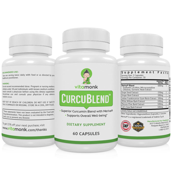 VitaMonk Curcublend Supplement - Turmeric Supplement with, Ginger Root, Proteolytic Enzymes, Boswellia - Turmeric Curcumin Supplement, Turmeric Extract Complex - 60 caps